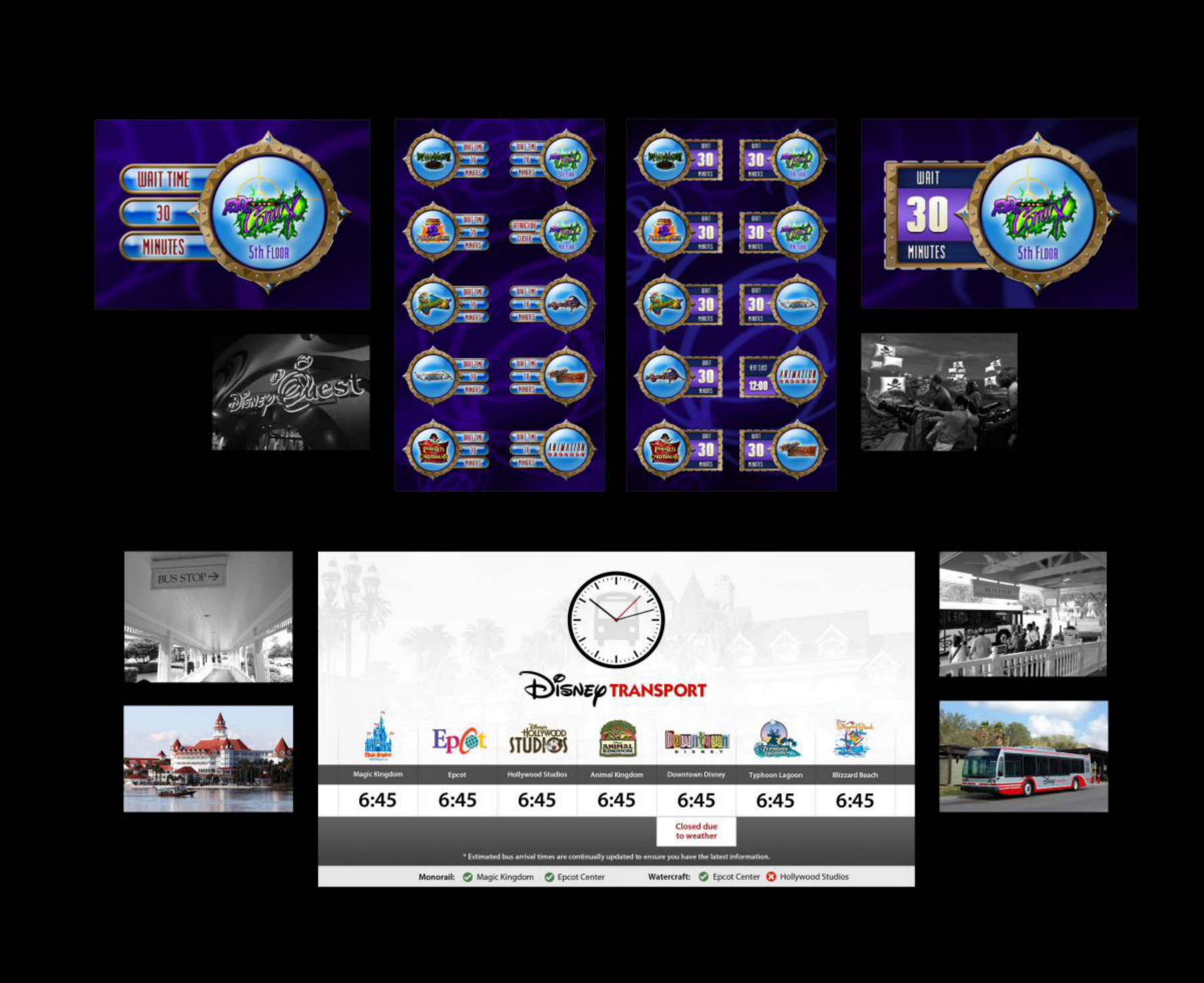 DisneyQuest wait time displays + Disney Transport arrival board